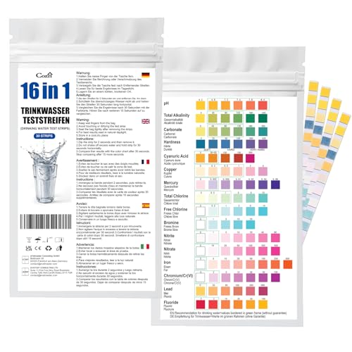Cozii 16 in 1 Trinkwasser Teststreifen, 30 Stück Wassertester Trinkwasser, Einfache Überprüfung der Wasserqualität, Wasserteststreifen mit Härte, Blei, Eisen, Kupfer