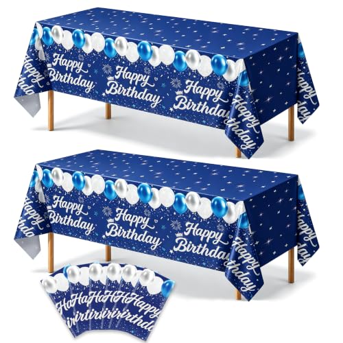 Image of 6 Pack Blue and Silver Happy Birthday Tablecloths, 54 x 108 Inch Covers