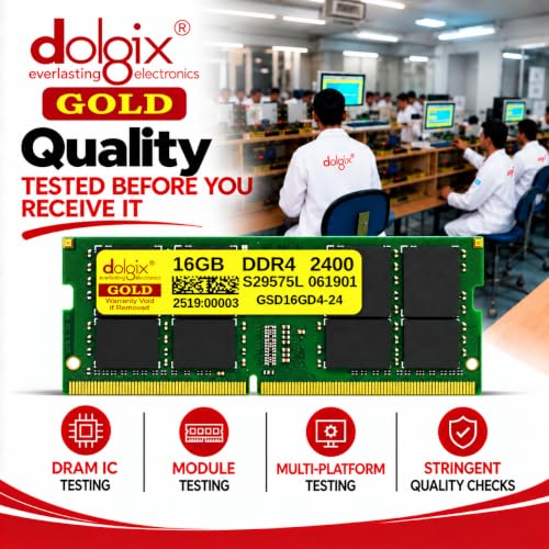 Image of Dolgix Gold 16GB DDR4 Laptop RAM 2400MHz | Notebook RAM CL-17 (Memory) (2Rx8 Dual Rank) SO-DIMM | PC4-19200 | 5 Year Warranty (Made in India)