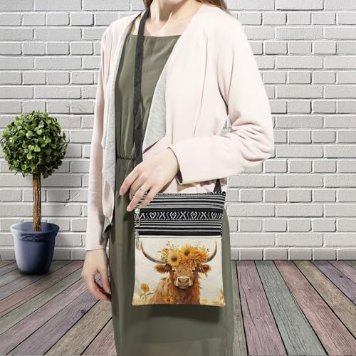 Floral Highland Cattle Messenger Bag Small Ethnic Pattern Printed Adjustable Strap Crossbody Zipper Bag Floral Highland Cattle Phone Bag Wallet Cute Shoulder Handbag for Women3