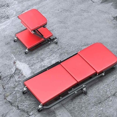 2-in-1 Red Automotive Creeper & Air Seat - Foldable Garage Tool for Auto Repair, Comfortable Rolling Mechanism, Space-Saving Design for Easy Storage