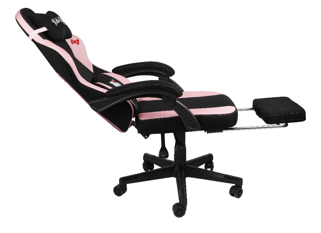 Konix Hello Kitty Gaming Bürostuhl - Sitzneigung 150° - Stoffbezug - Holz- und Metallgestell - Kissen - Fußstütze - Schwarz und Pink