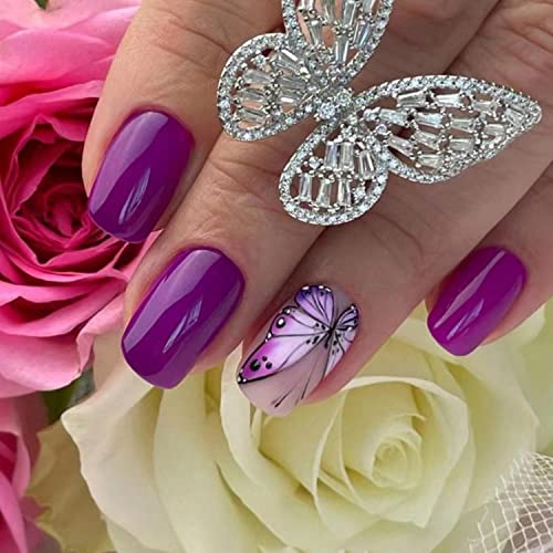 24Pcs Square False Nails Short French Tip Press on Nails Acrylic Full Cover Stick on Nails with Purple Butterfly Designs Glossy Removable Fake Nail for Women and Girls Nails Art