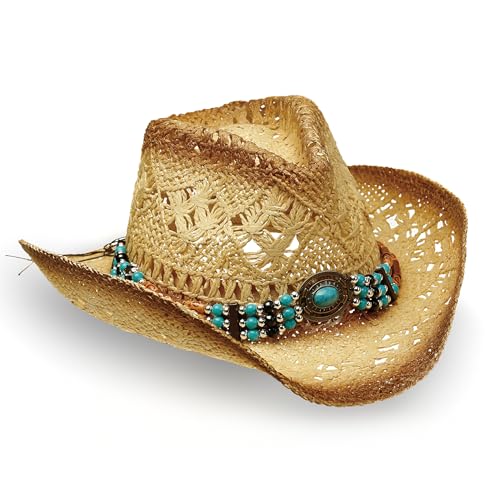 Image of YOUBADU Western Straw Cowboy and Cowgirl Hats with Decorative Bands - Unisex Wide Brim Raffia Style Sun Hat
