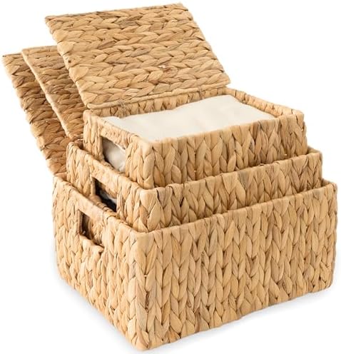 Wicker Storage Baskets with Lid, Set 3 Basket With Lid Decorative...
