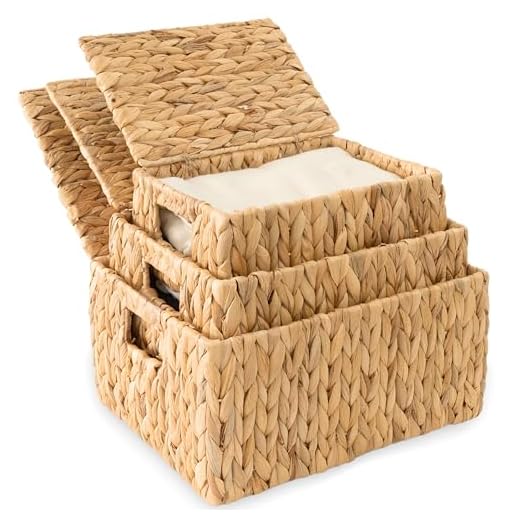 Wicker Storage Baskets with Lid, Set 3 Basket With Lid Decorative Storage Rectangle Wicker Storage Basket Large Rattan Storage Box Hyacinth Baskets
