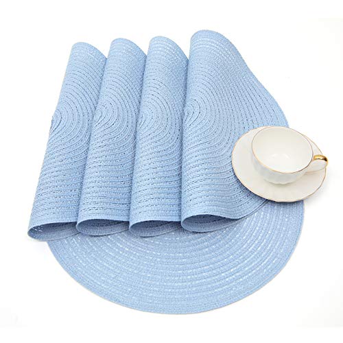 Image of SHACOS Round Braided Placemats Set of 4 Washable 15 inch Round Non Slip Table Place Mats for Dining Tables (Light Blue, 4)