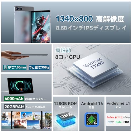 P08 Android16 タブレット 8インチ 20GB+128GB 最大2TB拡張 90Hz Widevine L1 6000mAh wi-fiモデル 13MP+8MP Gemini AI IPSパネル イヤホンジャック付き 画面分割+ワイヤレス投影+キッズモード 読書+Web閲覧 ゲーム+アニメ+ビデオ通話 年配の方+初心者 商品画像2
