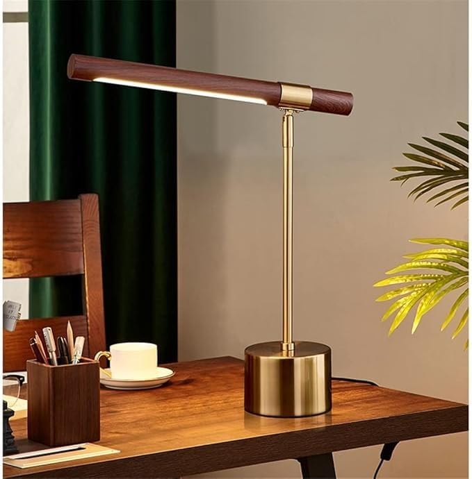 Image of Luxury Table Lamp with Brass & Walnut Wood Finish, Modern Adjustable LED Desk Light for Bedroom, Study & Office, Elegant Decorative Lighting for Home Decor