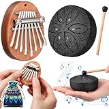 Maasechs 2 Pcs Mini Musical Instruments Mini Hand Kalimba and Rain Drum with Drumstick 8 Keys Finger Thumb Piano and 6 Notes Steel Tongue Drum Percussion Gift for Valentines Adult Beginners(Black)