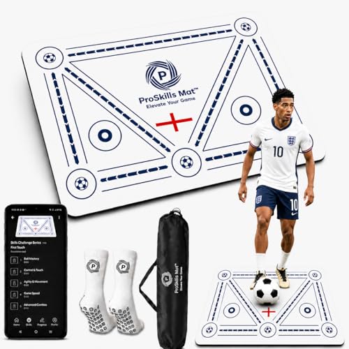 PROSKILLS Football Training Mat Structured Video Training with 4 Skill Levels & Challenge Drills XL 90×60cm Non-Slip Soccer Skills Mat with Grip Socks & Carry Bag (R5-CYVK-X66T)