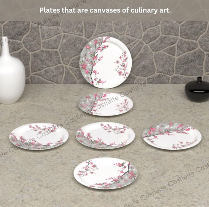 Image of Castleite Piccolo Melamine Quarter Plates Set of 6 - Size 8', Non Breakable, Round Designer Plate for Serving Snacks, Breakfast, Lunch or Dinner at Home, Kitchen, or Cafe, Stainless Rouge Blush