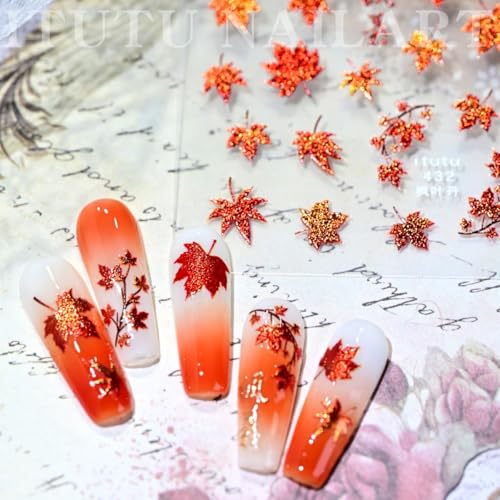 Image of Fall Nail Stickers Maple Leaf Nail Art Stickers Red Glitter Nail Decals 5D Embossed Self Adhesive Autumn Nails Design Charms Supply for Women Girls Thanksgiving Day Manicure DIY Decoration