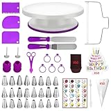 ANSLYQA 193 Pcs Cake Decorating Kit with Cake Turntable,Cake Leveler,24 Numbered Icing Tips,2 Spatulas,2 Couplers,3 Comb Scrapers,50 Pastry Bags,50 Paper Cupcake Liners,50 Cake Flags, (Purple)