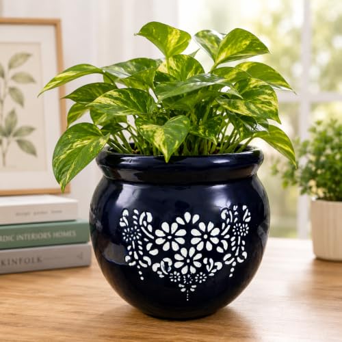Image of Niyara Designer Ceramic planters pots for Indoor Outdoor Home, Garden Office Decor Balcony Planters Gamla Flower Size- Large, 8 inches (Blue Round Floral)