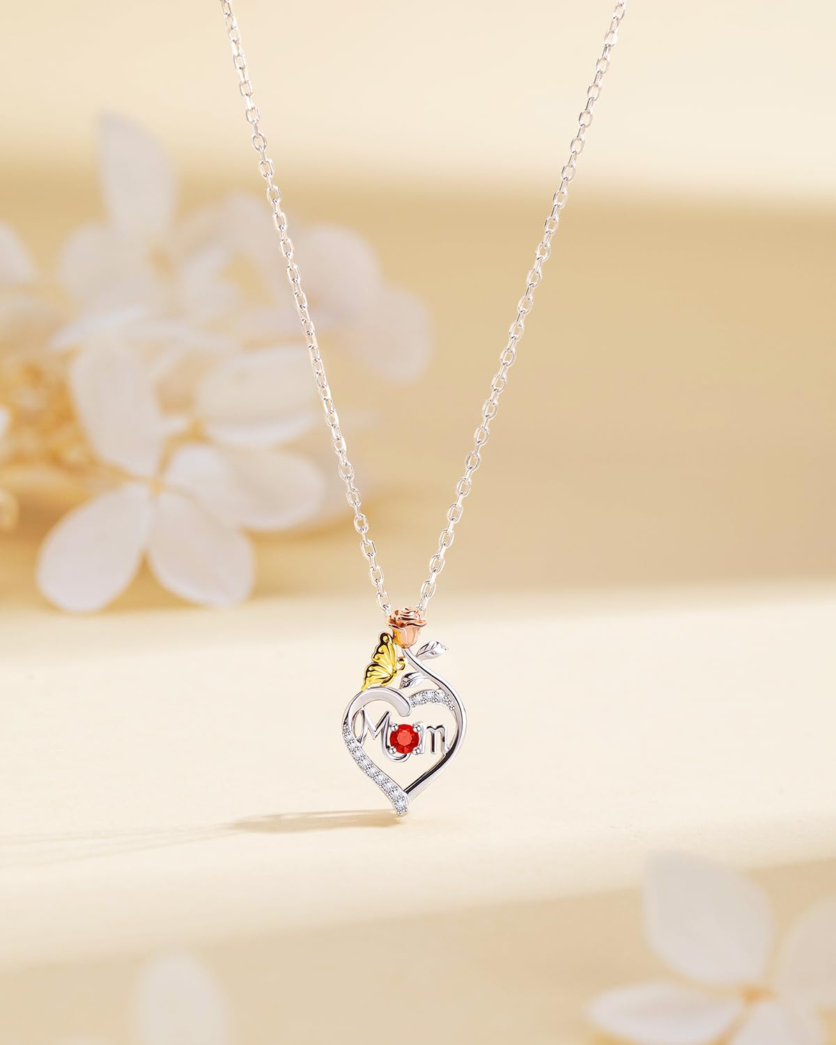 Mom Birthstone Silver Necklace Genuine 925 Sterling Silver Mothers Day Mama Necklace Jewelry Gifts Rose Heart Dainty Pendant Birthday Gifts for Women Wife Mom from Daughter Son - Image 7