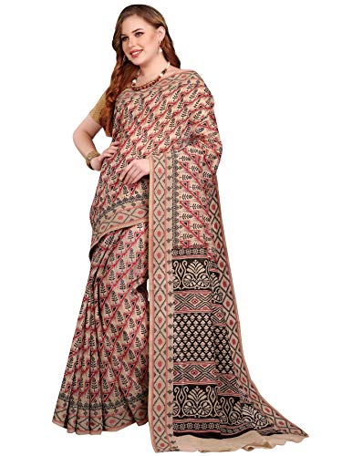 Image of RANI SAAHIBA Women's Poly Cotton Printed Saree With Blouse Piece (SKR6414 Beige)