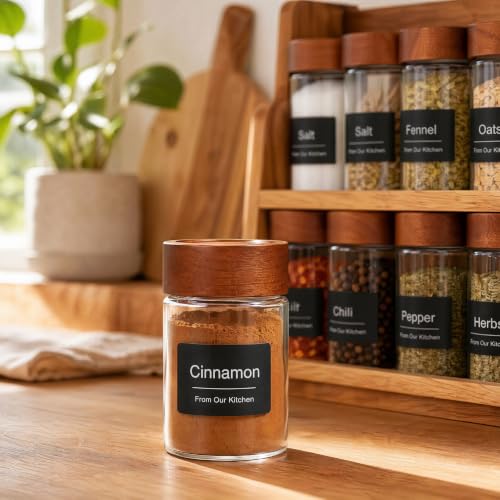 Zoaiirte 6-Pack 4 fl oz Stackable Glass Jars with Acacia Wood Lids & Spoons, Airtight Food Storage Containers with Labels for Overnight Oats, Spices, Yogurt, Chia Seed Pudding, Kitchen Organization