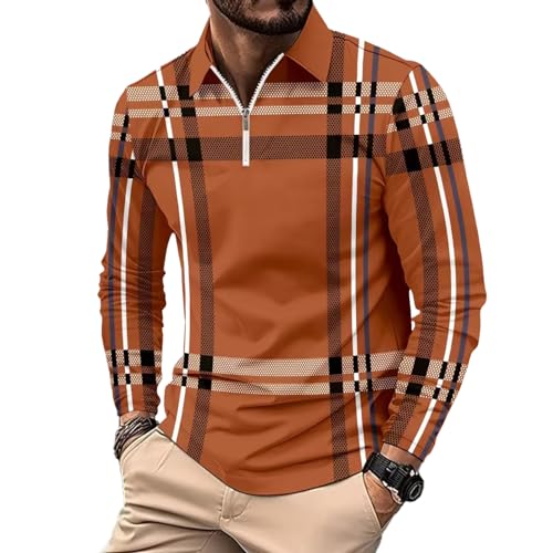 DEEX 3XL Caramel Men's Long Sleeve Polo Shirts 2025 Casual Quarter Zip Polo T Shirt Color Block Slim Fit Fashion Golf Polo Shirt