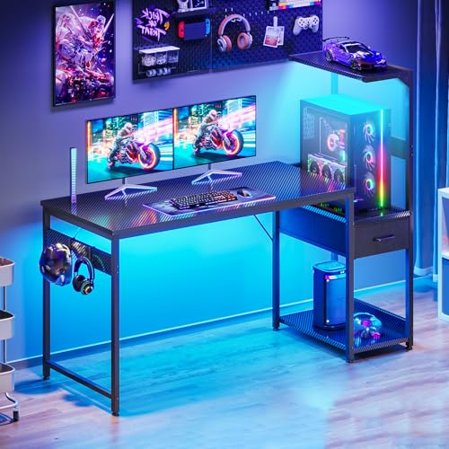Coleshome 138×48 cm Gaming Desk with LED Lights, Reversible Computer Desk with Drawers & Display Shelves, Gaming Table with Headphone Hook, Carbon Fiber Black - Image 3