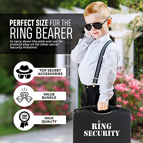 Wedding Ring Security Box with Black Sun Glasses and Top Secret Spy Ear Piece Ring Bearer Gifts Special Agent Ring Bearer Suitcase for Kids