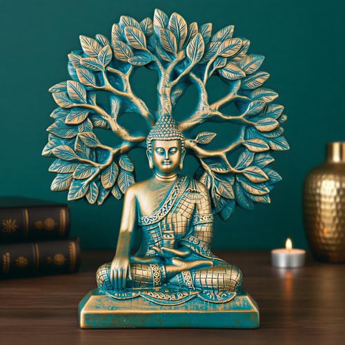 Image of Global Grabbers Buddha Statue Showpiece Idol Home Decor Decoration Items for Living Room and Gifts (Antique Golden Blue)
