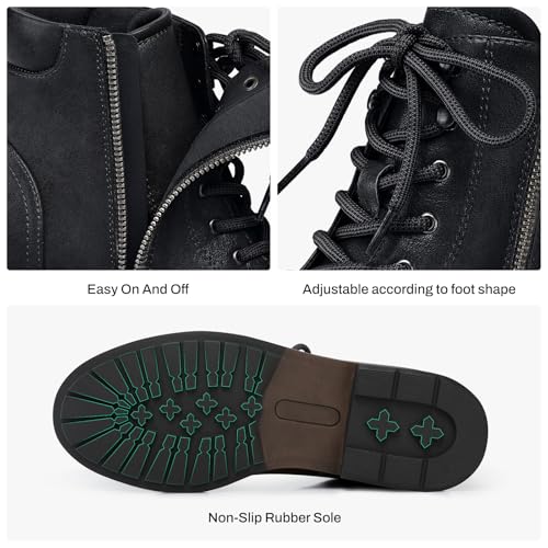 SHIBEVER Combat Ankle Boots Women: Lace-up Fall Boots for Women 2025 Flat Causal Lug Sole Zipper Leather Short Booties4