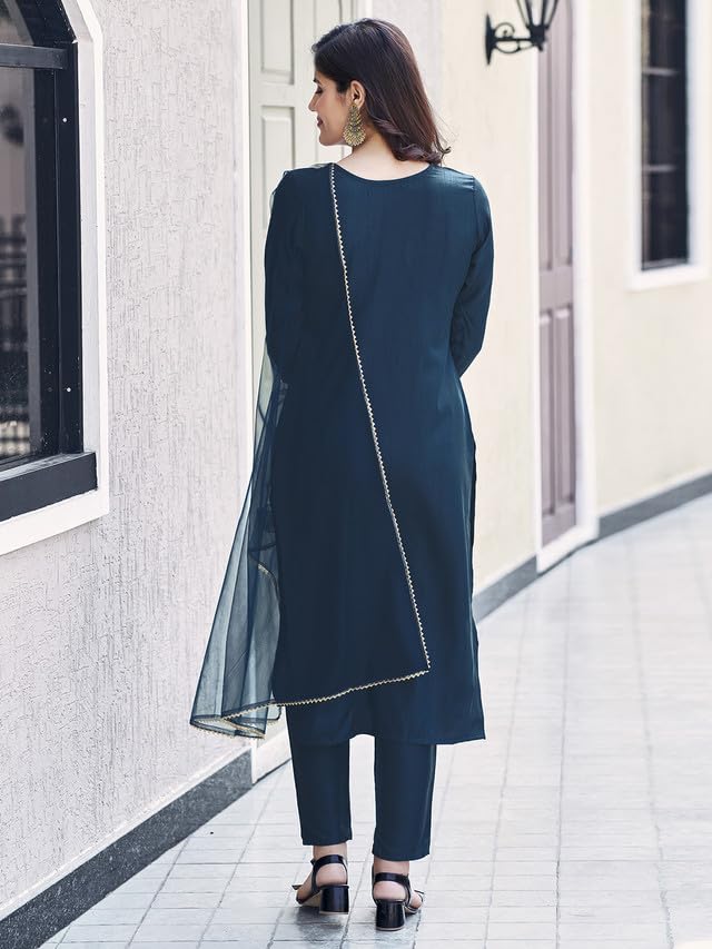 Sanisa Women's Art Silk Sequence Embroidery Straight Kurta Set With Dupatta (143Kbd1550N-Xxl_Sea Blue)