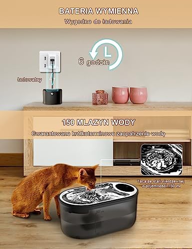 TOMXCUTE Fontanna dla kota z czujnikiem ruchu, 3,0 l, bezprzewodowa, do picia dla kotów, 4000 mAh, zasilana bateriami, bez prądu, czarna