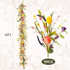 HOHOTIME 6FT Tulip Flower Garland with Eucalyptus Artificial Spring Floral Vines for Mantle Wedding Porch Staircase Indoor Decor Fake Wildflower Home Decoration