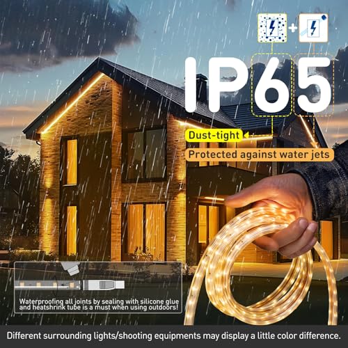 Image of Shine Decor LED Strip Light Easy Connectable, 2800K Warm White Cold Resist Weatherproof Plug-in for Indoor Outdoor, 101 LM /FT Dimmable Bright Eco Rope Lighting 16.4FT, 120V Whole Set ETL Listed