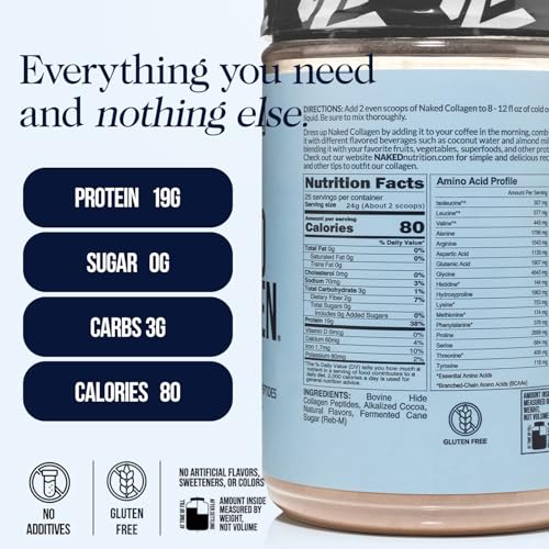 Image of NAKED Chocolate Collagen Peptides Protein Powder, 24 Servings, Pasture-Raised, Grass-Fed Hydrolyzed Collagen Supplement, Paleo Friendly, Non-GMO, Keto, Gluten Free, 20oz