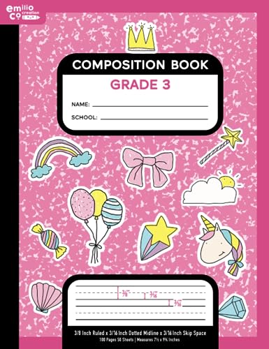 Grade 3 Primary Composition Book, 3/8 Wide Ruled Writing Paper, Girl Items Cover: Handwriting Practice Notebook for Kids, Elementary, Homeschool, Skip Line Ruling, Lined Workbook