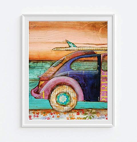 The Perfect Day, Danny Phillips Art Print, Unframed, Classic Antique Vintage Car Surfboard Ocean Beach Inspired Funky Retro Vintage Mixed Media Art Wall and Home Decor Poster, 8x10 Inches