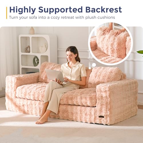 Image of MAXYOYO Loveseat Sofa Couch, Upholstered Bean Bag Chair Cloud Seat for Adults, Boneless Couch with Cushion & Pillows, Sofa in A Box, No Assembly Required, Bubble Pink, 3-Seat