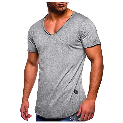 t-shirt Kurzarm Herren Uni T-Shirt mit extra tiefem V-Ausschnitt Slimfit deep V-Neck Stretch dehnbar einfarbige Basic Shirt top casual Sommer Bluse Bottoming Unterhemd, gris, M