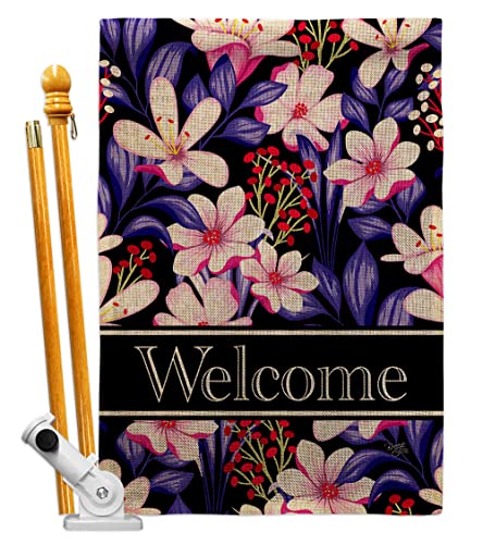 Breeze Decor Pink Welcome Floral House Flag Set Garden Sunflower Tulip Rose Orchid Lilies Season Springtime Flower Wreath Decoration Banner Small Yard Gift Double-Sided, Made in USA