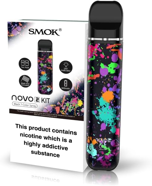 SMOK NOVO 2 Refillable Pod Vape Kit [Black 7 Colour Spray] - Compact, Draw Activated, Portable, 25W, Run Nic Salts, Fully Compatible with Novo Series Pods, Rechargeable E Cigarette, No Nicotine
