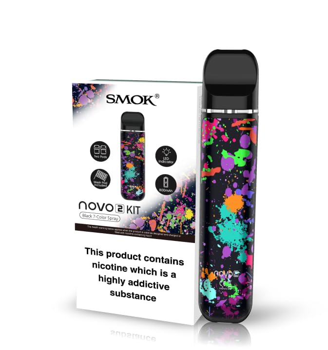SMOK NOVO 2 Vaping Kit, UltraPortable, Amazing Flavor, Run Nic Salts, All-Day Usage, Utilize Novo POD Series, 2mL, E Cigarette, E Cig, Starter Kit, SMOK Vaping, No Nicotine (Black 7 Color Spray)
