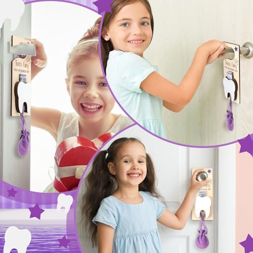 Image of DoubleFill Fairy Tooth Gift Holder Bag Door Hanger Lost Teeth Keepsake Box Tooth Fairy Kit Stores Back to School Gift for Lost Teeth Boy Girl Primary School Classroom Gifts(Classic,Purple)