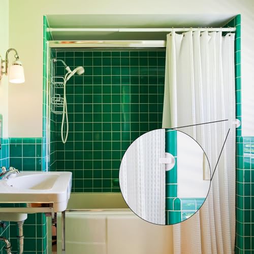 4 Stück Duschvorhang Clips mit Wasserschutz, weiß Selbstklebende Duschvorhang Dusche Winddichte Splash Guard Kleiner Drahthalter für Dusche Hängen Camper Badezimmer Heimdekoration Innen- und Außenbere
