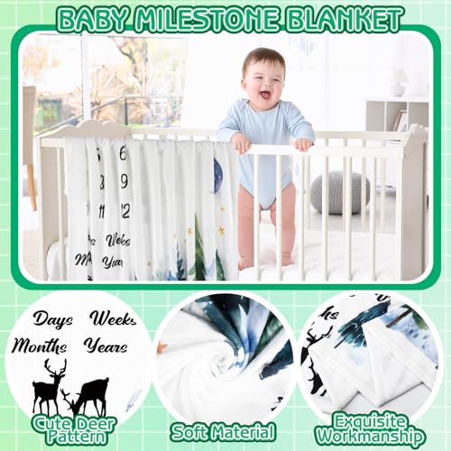 Image of Baby Monthly Milestone Blanket for Boy Woodland Baby Milestone Blanket | Photography Background Prop with Bibs Wooden Signs Felt Circle