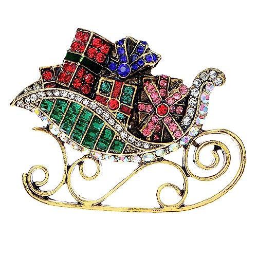 Image of Christmas Sleigh Ride Brooch Pin for Women Girls Men Multi-Colored Rhinestone Sled Presents Pins Clip Lapel Sweater Scarves Jackets Dress Brooches Pins Dainty Clothes Accessories Jewelry Gifts Xmas