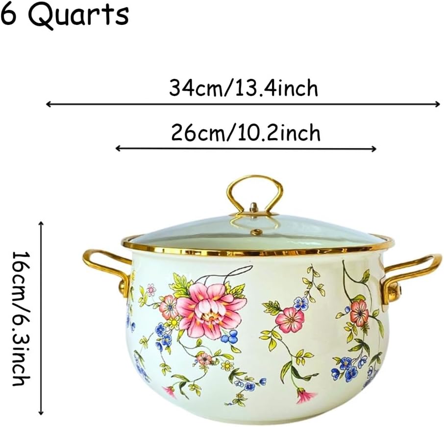 Enamel Simmer Pot with Glass Lid, Nonstick Saucepan Pot with Handle, Vintage Floral Stainless Steel Stockpot Cooking Pots for Induction Cookers and Stove,6 Quarts