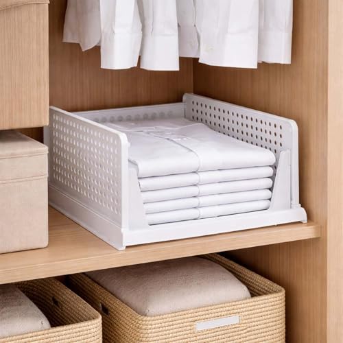Go Hooked Foldable Wardrobe Organizer with Drawer Style Pull Out Design | Large (44x34x19 cm) Shelf Storage Box | Heavy Duty Plastic Shirt Stacker for Cupboard, Almirah & Closet | White