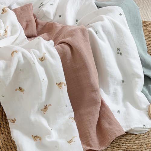 Image of POMISO Muslin Swaddle Blankets for Boys & Girls, Newborn Receiving Blankets, 4 Pack Soft Breathable Baby Swaddles, Large 47x47 Inches, Adorable Ducklings