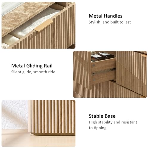 Dresser for Bedroom with 9 Drawers, 63"W Chest of Drawers, Fluted Dresser with Faux Marble Top, Curved Profile Design, Metal Handle, Wood Closet Storage Organizer for Living Room, Hallway, Natural Oak - Image 5