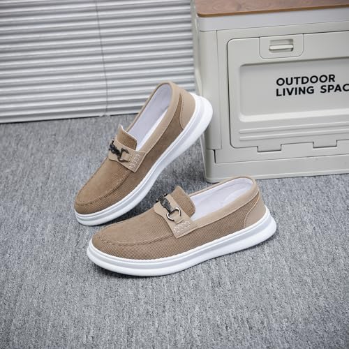 SANNAX Sapatos masculinos sem cadarço, casuais, mocassins, confortáveis e leves, Caqui, 39
