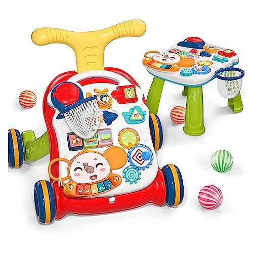 U-HOOME Baby Walker Kids Push Walker Toys Musical Learning Baby Bouncer With Wheels Boys Girl, 2 In 1 Baby Walker, Fun Table Activity Center, Musical Lights Infant Toy Birthday (Yellow1)