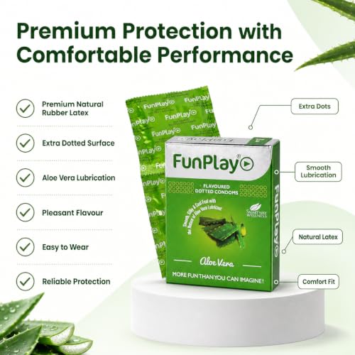 Image of FunPlay Aloe Vera Flavoured Dotted Condoms - 3 Pcs | Premium Latex for Men | Smooth Lubricated & Comfortable Fit | Soothing Aloe Vera Infused for Gentle Intimacy